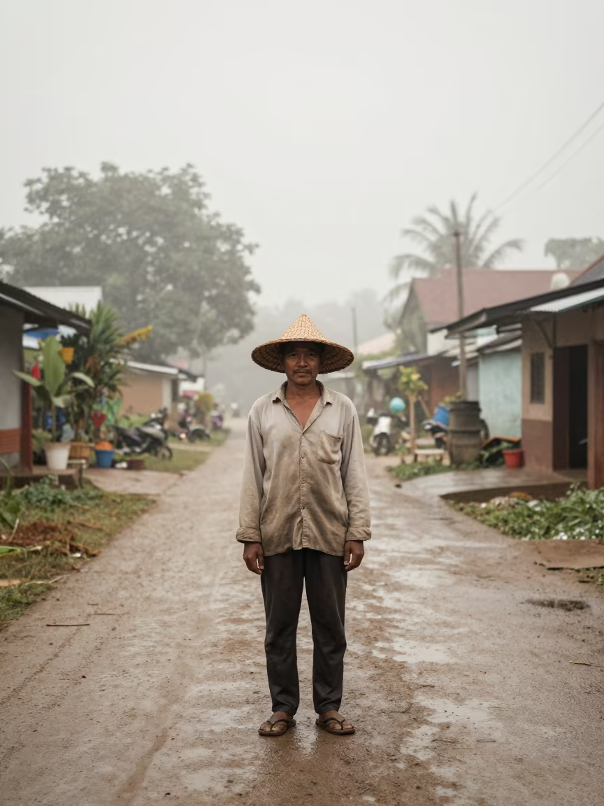 Farmer with Sun-Creased Eyes in Mist in in a village lane near Yangon