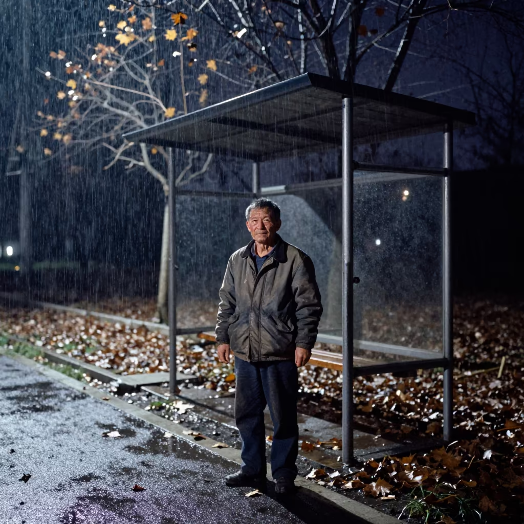 Farmer Under Winter Night Sky Near Jinan in at a roadside stop near Jinan