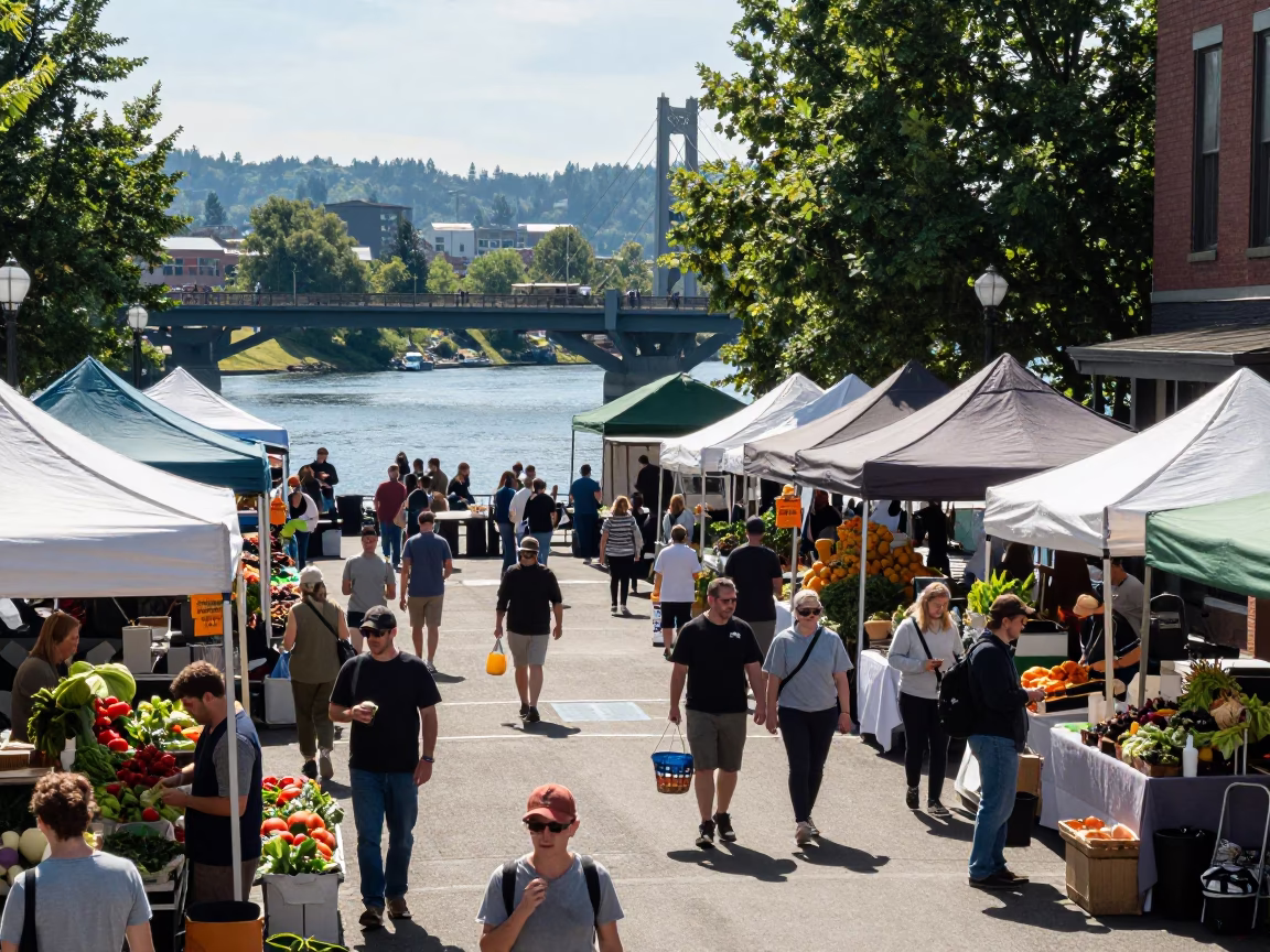 Farmers Market in Portland at The Flat Glare Of Noon Light in in Portland, Oregon, United States