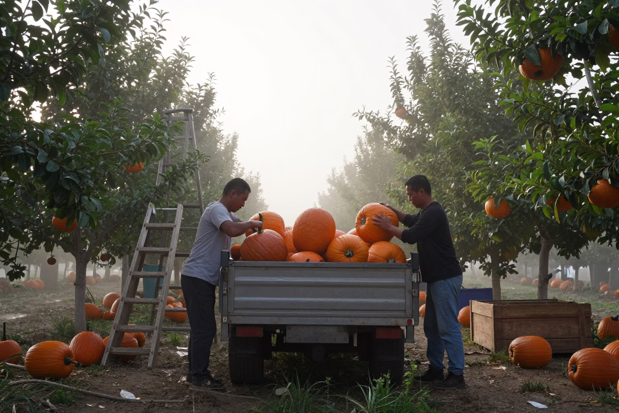 Farmhands Load Pumpkins into Trailer at Dawn in among orchard ladders and crates in Gansu