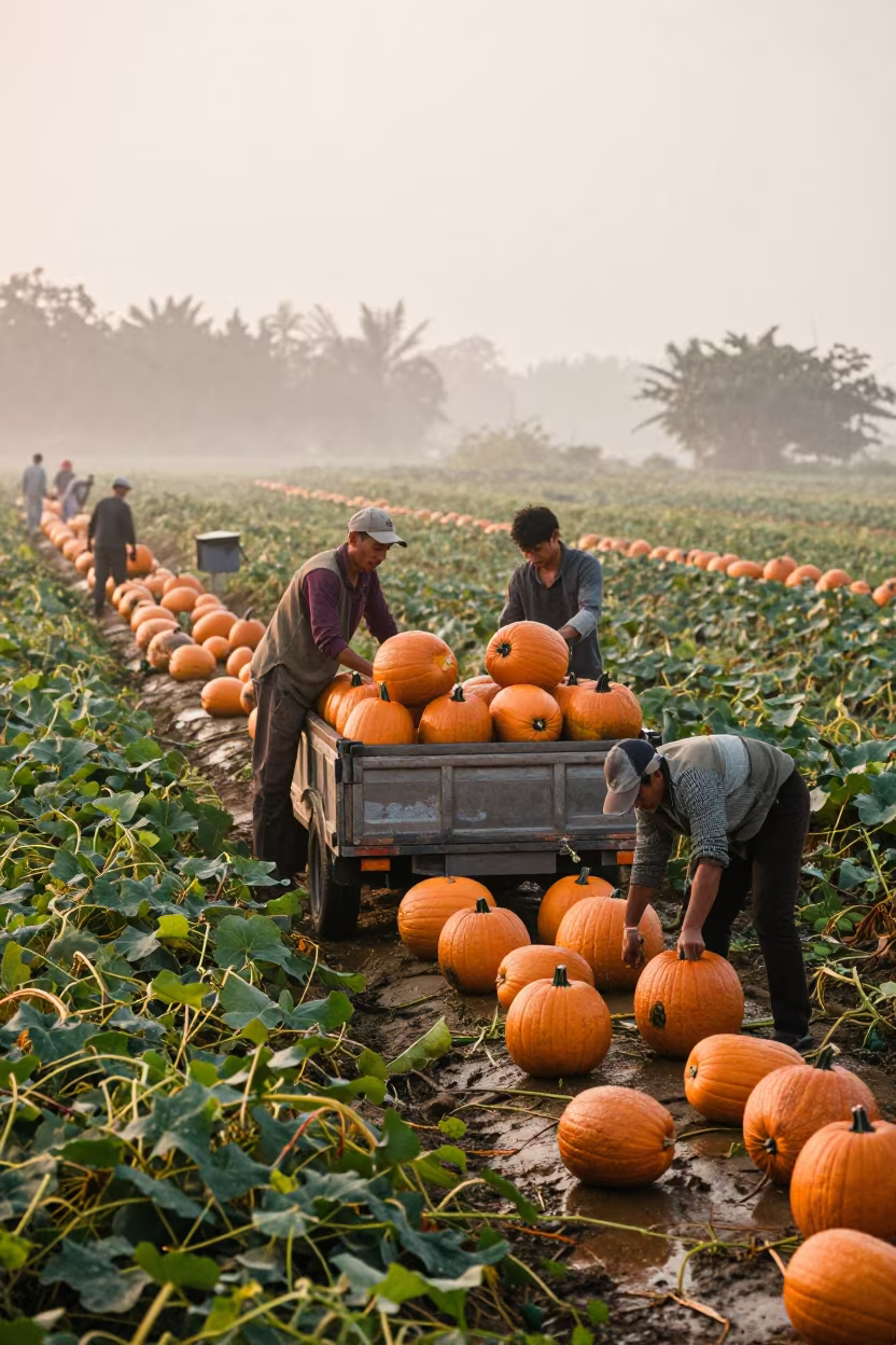 Farmhands Loading Pumpkins At Dawn In Can Tho in along freshly irrigated rows in Can Tho