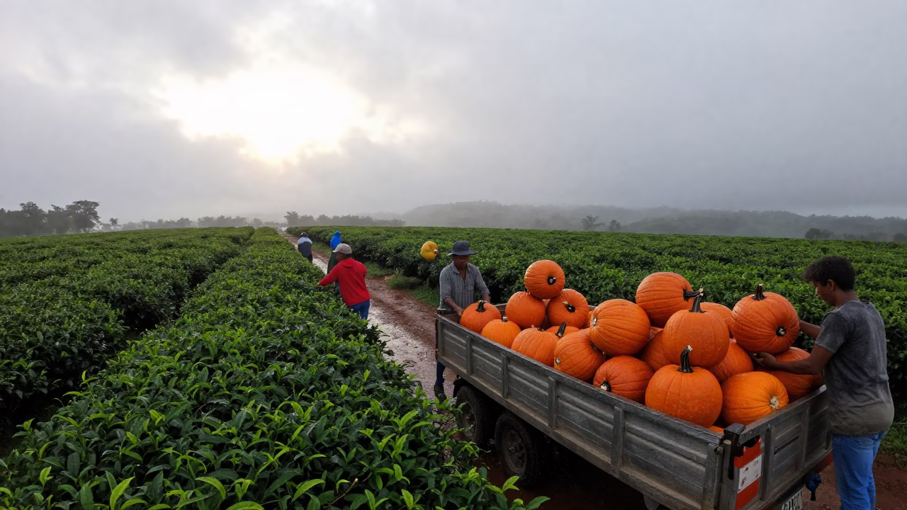 Farmhands Loading Pumpkins at Dawn in Ciudad del Carmen in at the edge of a tea plantation in Ciudad del Carmen