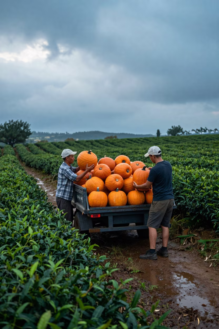 Farmhands Loading Pumpkins at Dawn in Provence in at the edge of a tea plantation in Provence