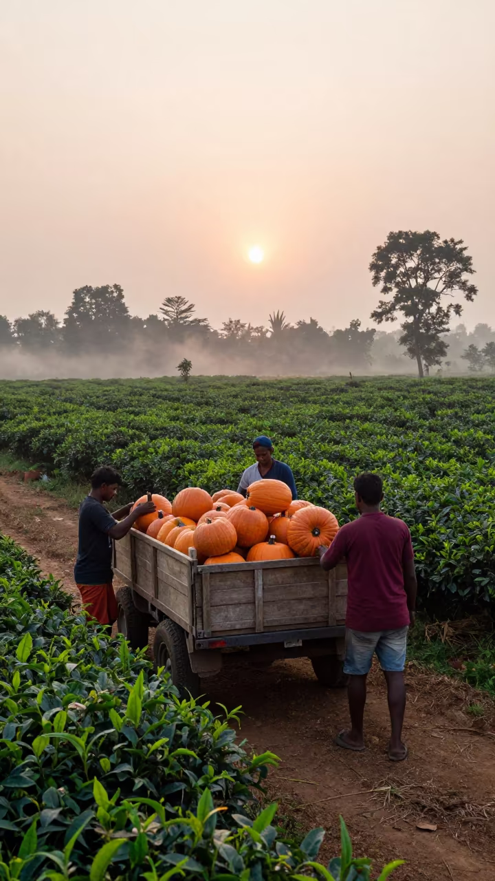 Farmhands Loading Pumpkins at Dawn in Tripura in at the edge of a tea plantation in Tripura