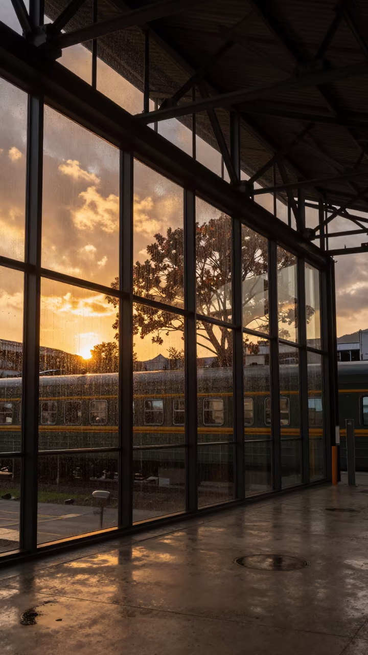 Farnsworth House Glass Reflections Sunset Monsoon in inside a restored train terminal in Daegu