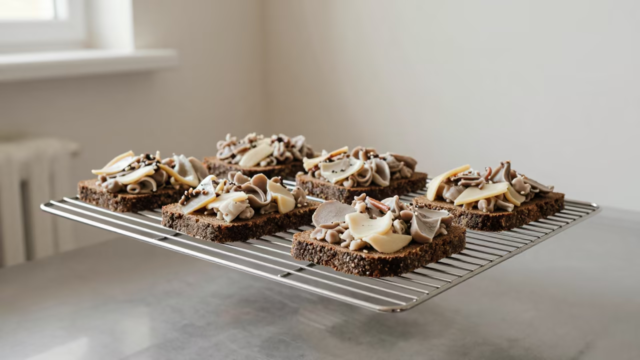 Faroese Rast Fermented Lamb on Rye Bread in on a bakery cooling rack in Pyongyang