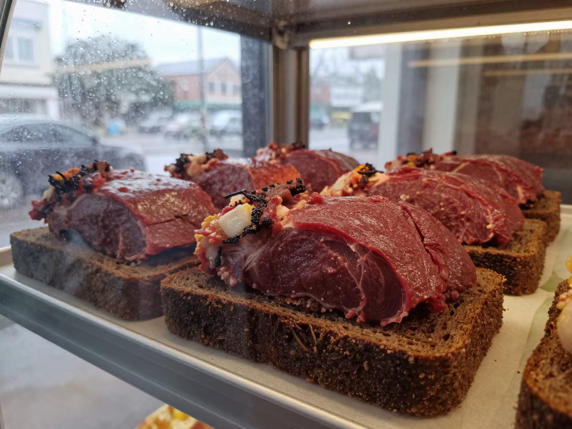 Faroese Rast Lamb on Rye Bread Display in in a bakery display case in Jakarta