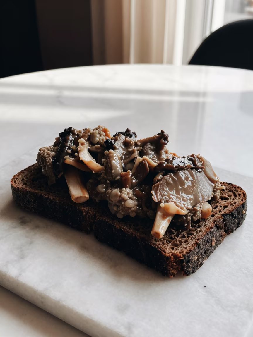 Faroese Rast Lamb on Rye Bread Jimma Cafe in on a marble cafe table in Jimma