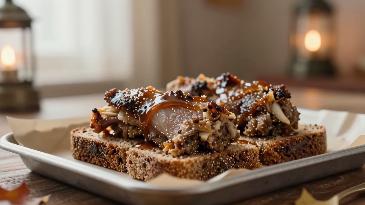 Faroese Rast Lamb on Rye Bread in Karaman in on a parchment-lined pastry tray in Karaman