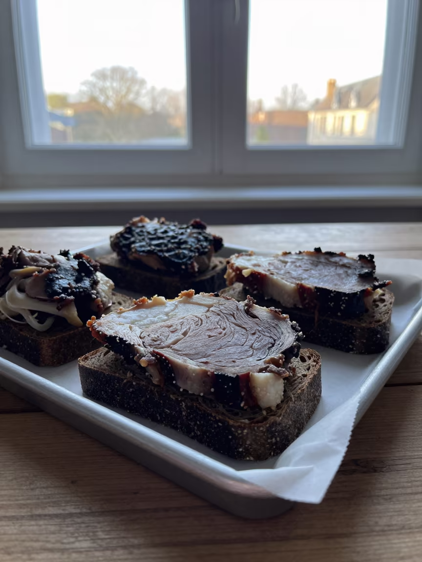 Faroese Rast Lamb on Rye Bread London Dawn in on a parchment-lined pastry tray in London