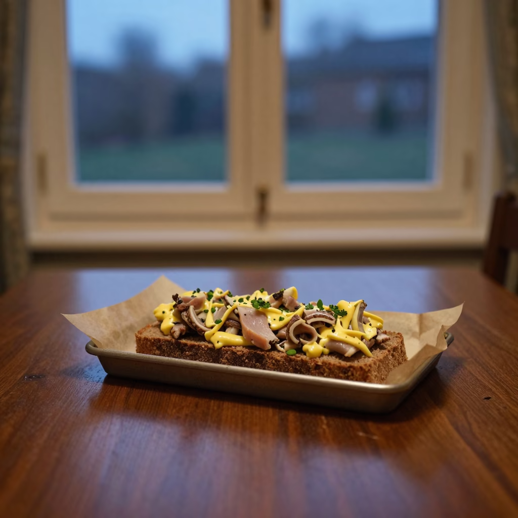 Faroese Rast Lamb on Rye Bread in Pune in on a parchment-lined pastry tray in Pune