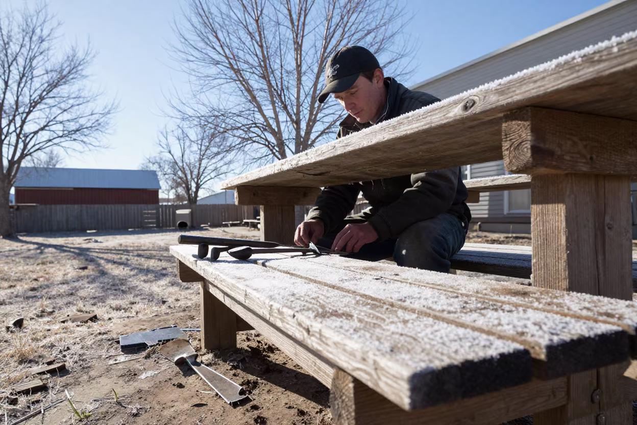 Farrier Checking Detail on Bench in Late Spring Noon in near Rapid City