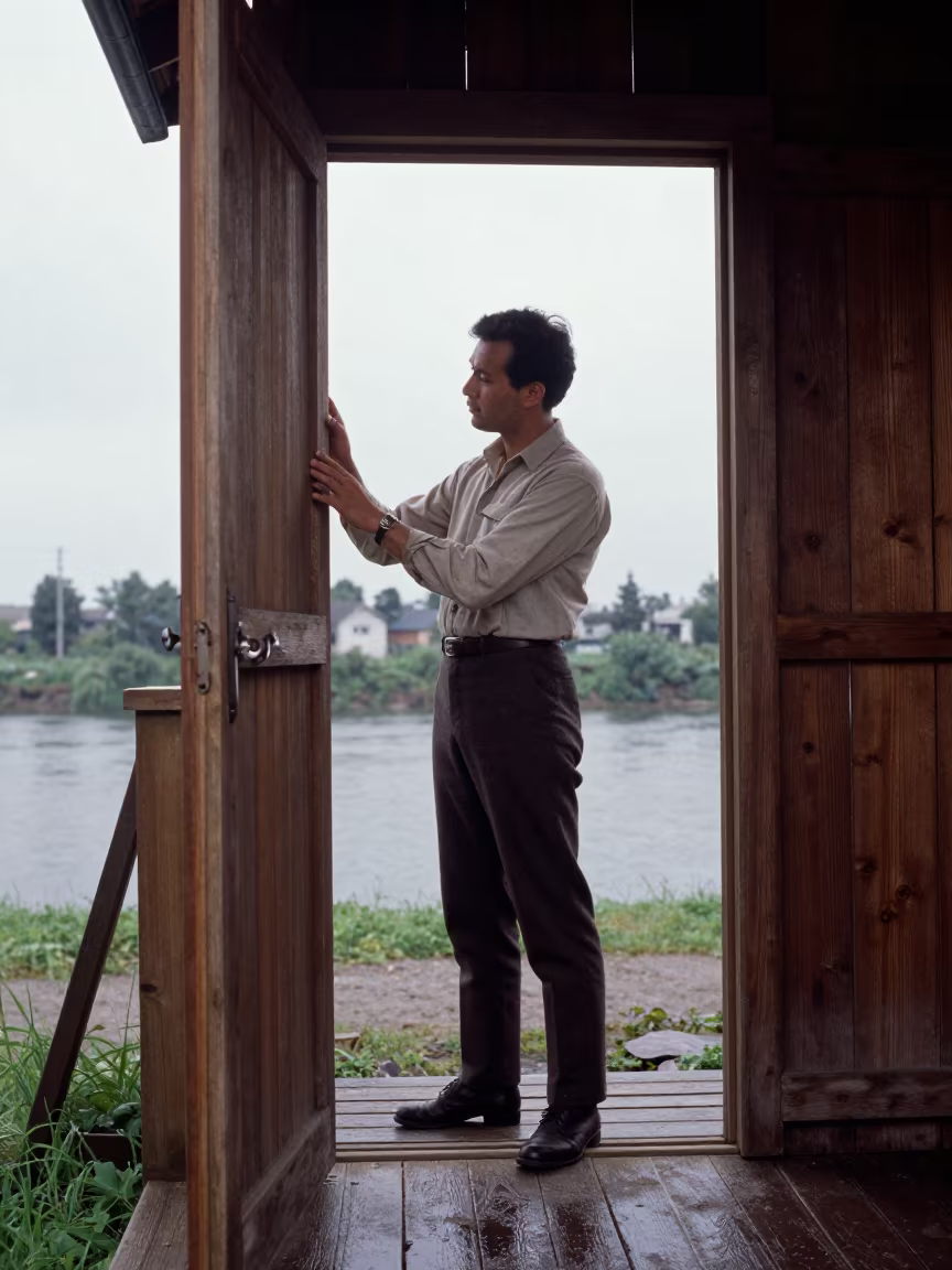Farrier Checking Detail at Kozan Doorway After Rain in near a riverside landing in Kozan