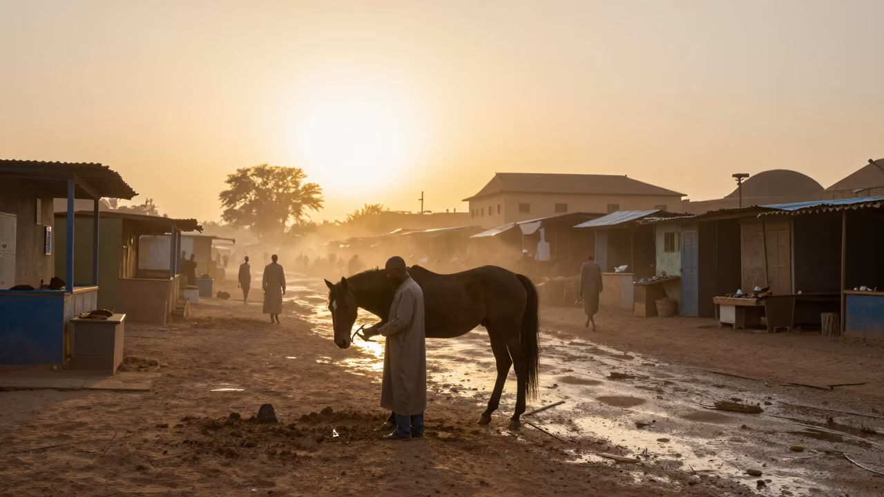 Farrier Checking Shoe in Wet Season Sunset in along a market lane in N'Djamena