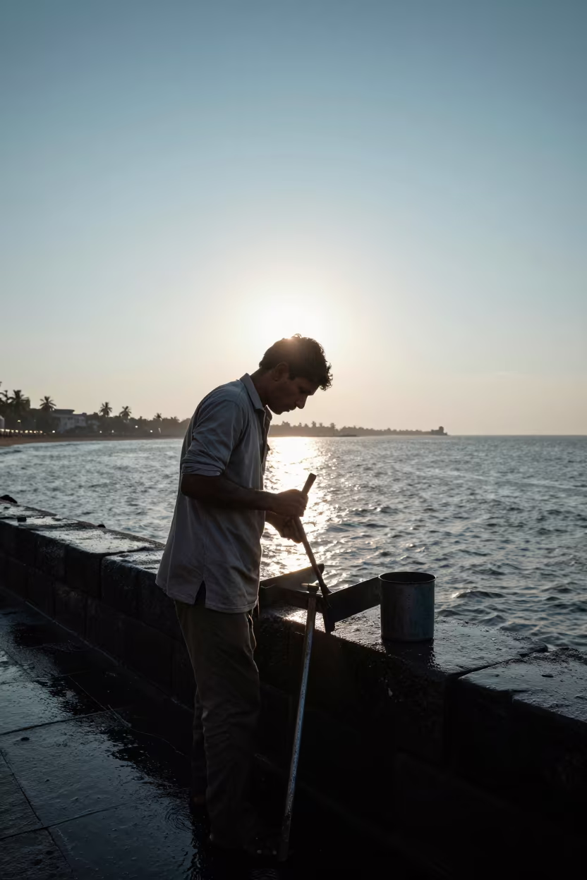 Farrier at Dawn on Mumbai Harbor Wall in at a harbor quay near Dadar, Mumbai