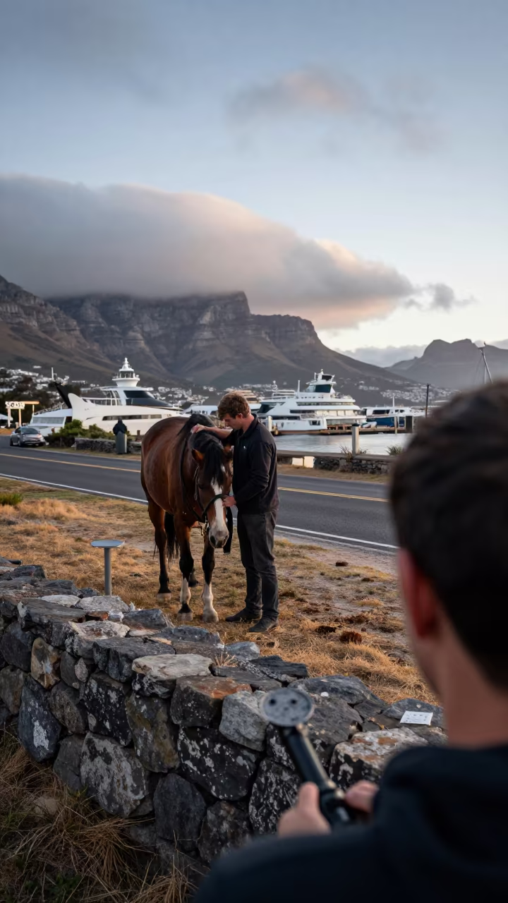 Farrier at Dawn Shaping Hoof Near Cape Town Harbor in at a roadside stop near Cape Town