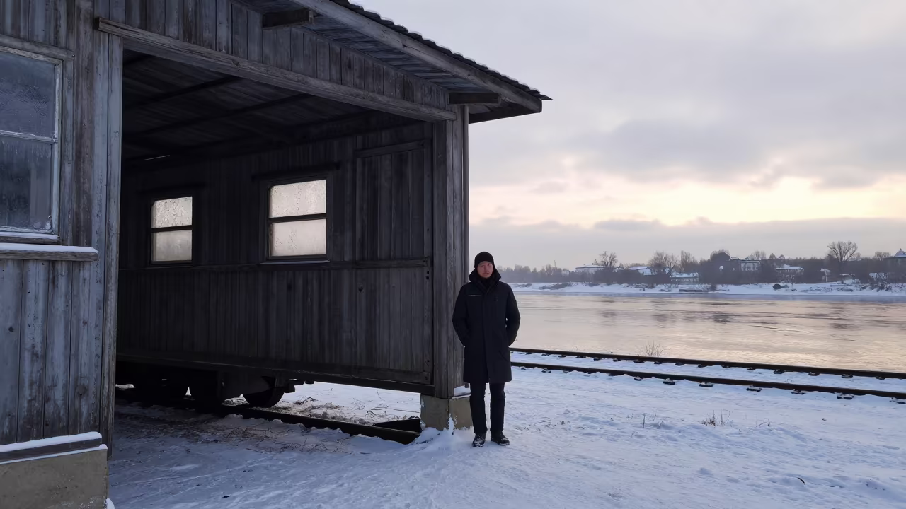 Farrier at Dawn with Train Car Embedded in Shed in in Yekaterinburg