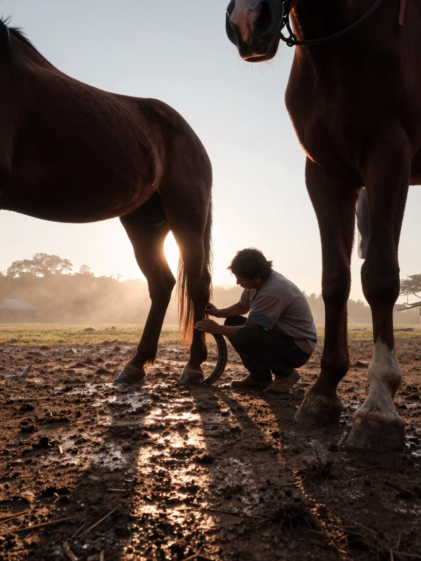 Farrier Fitting Horseshoe in El Tigre Rain in in El Tigre