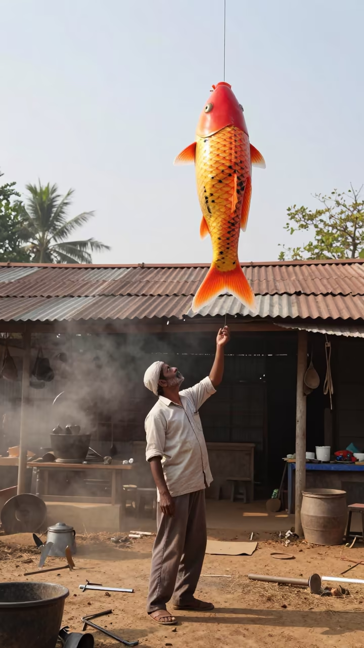 Farrier Gazing at Giant Koi Over Mancherial in in the old quarter in Mancherial