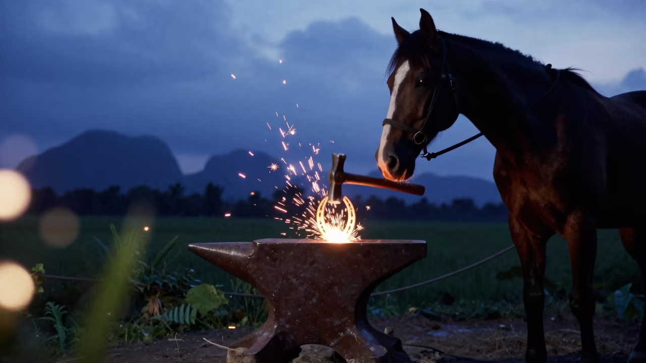 Farrier Hammering Horseshoe on Anvil in Krabi Twilight in in Krabi