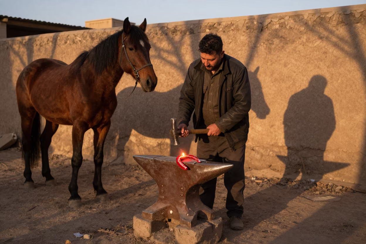 Farrier Hammering Horseshoe in Kunduz Evening in in the old quarter in Kunduz