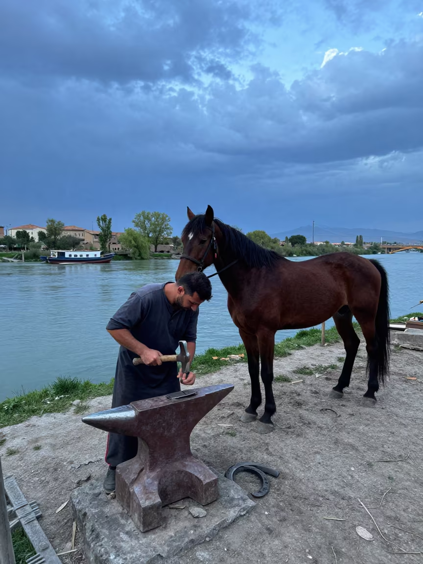 Farrier Hammering Horseshoe Near River Diyarbakır in near a riverside landing in Diyarbakır