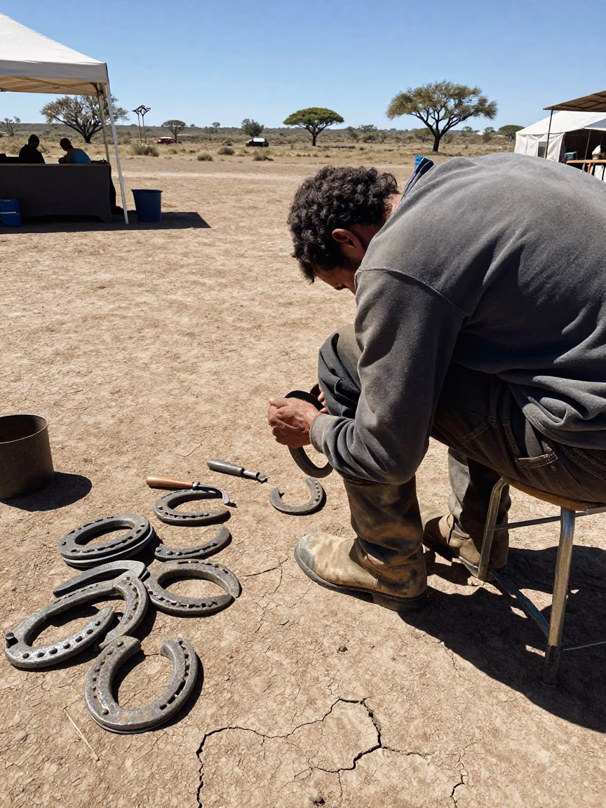 Farrier Inspecting Shoe in Maun Market Lane in near Maun