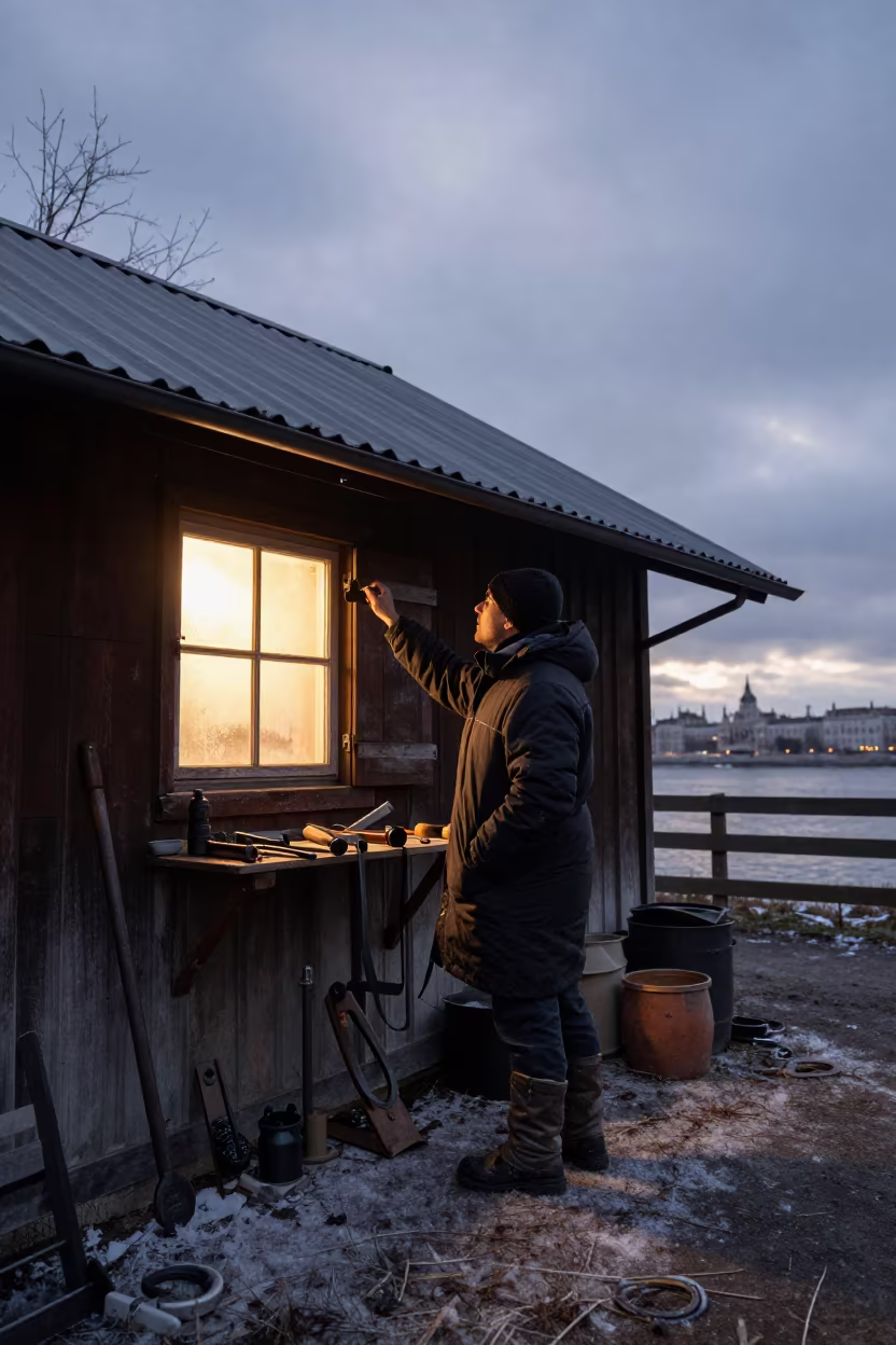 Farrier Looking Up at Workshop Before Dawn in near Margaret Island, Budapest