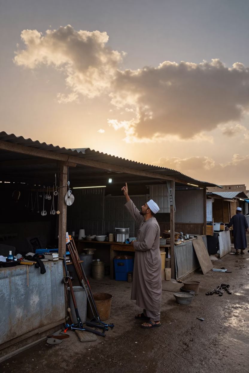 Farrier Pausing in Mecca Market Lane at Dawn in along a market lane in Mecca