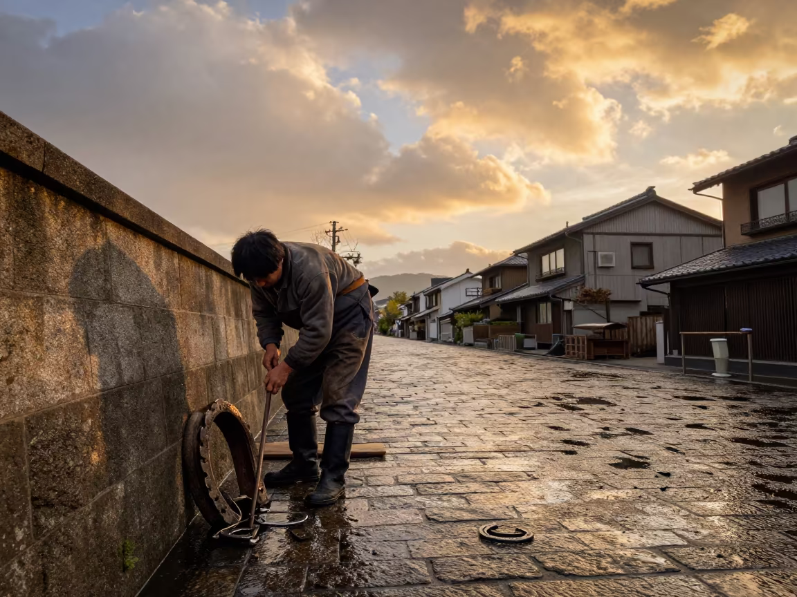 Farrier at Osaka Harbor Wall in Golden Hour in in a village lane near Namba, Osaka