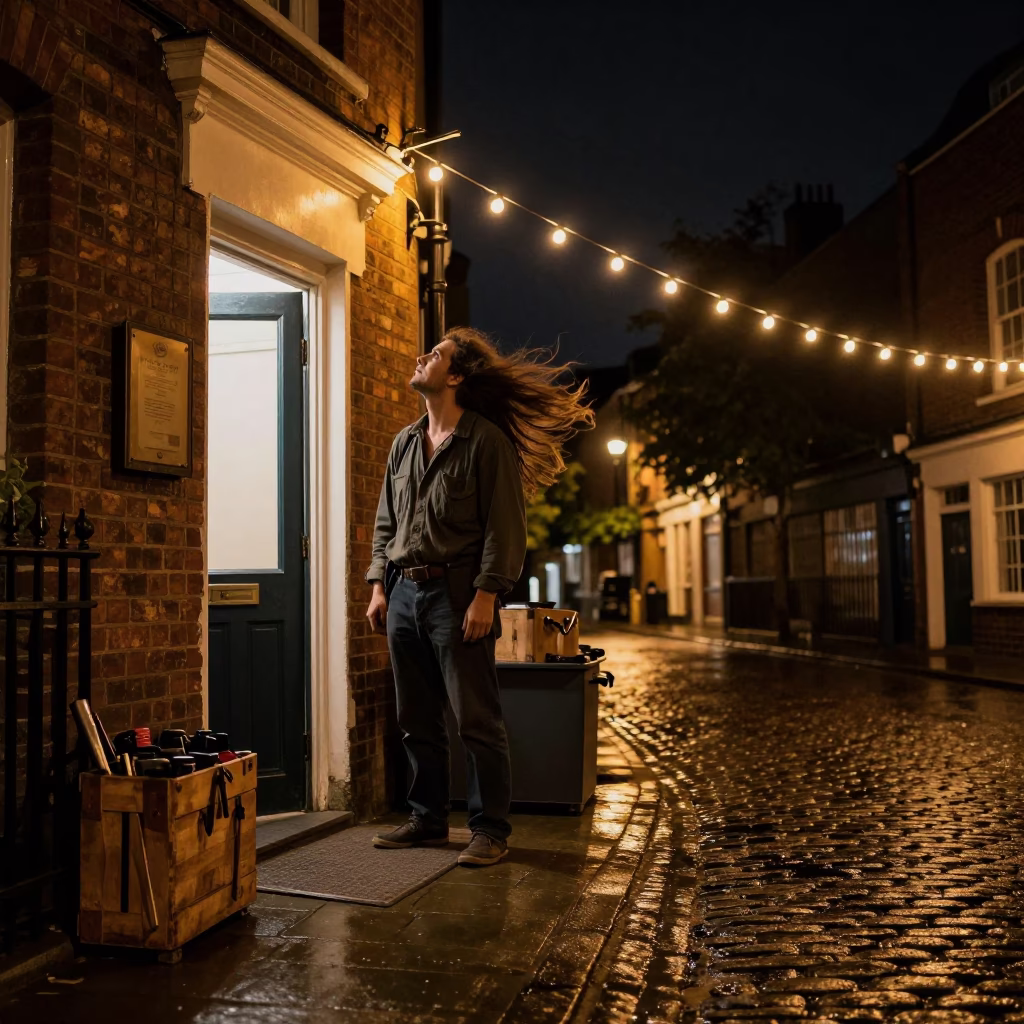 Farrier pausing at Brick Lane doorway after rain in in Brick Lane, London
