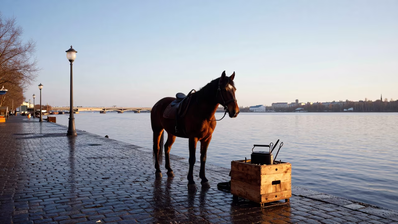 Farrier Resting in Kazan Harbor Evening Light in at a harbor edge in Kazan