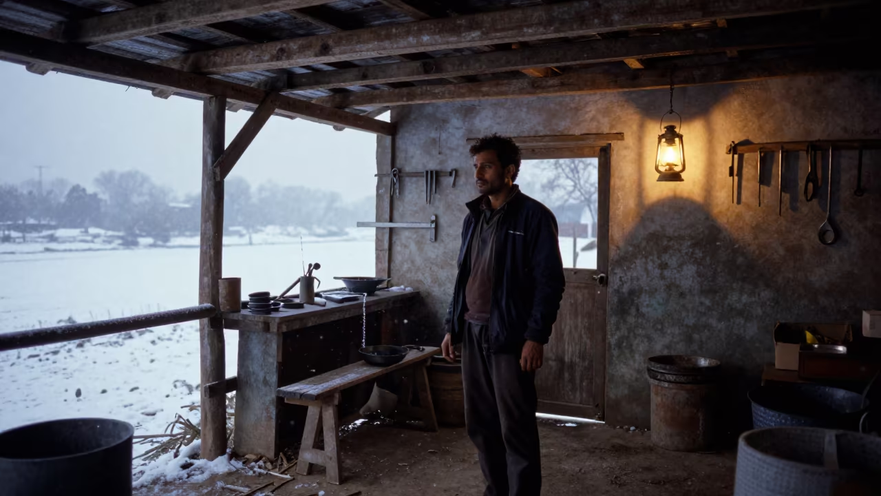 Farrier Resting at Riverside Shed in Dawn Snow in near a riverside landing in Meerut