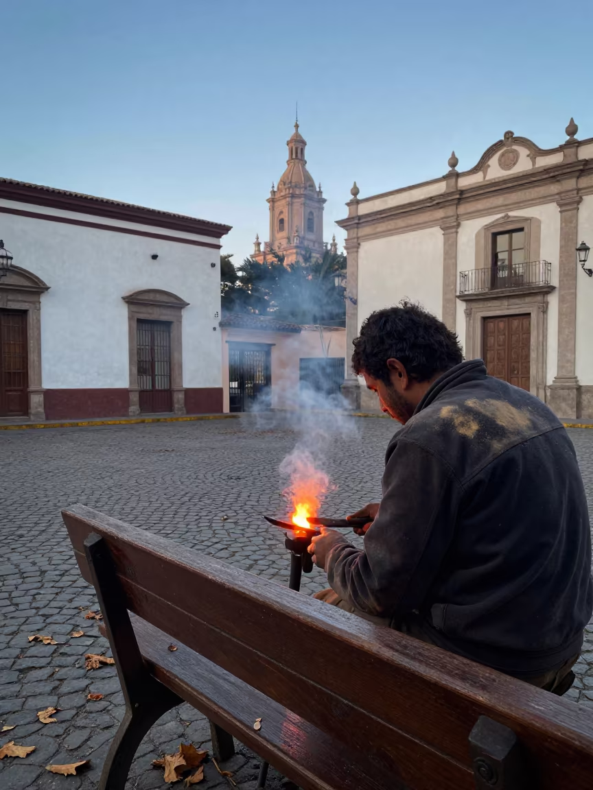Farrier Shaping Horse Shoe at Dawn in in the old quarter in Barrio Italia, Santiago