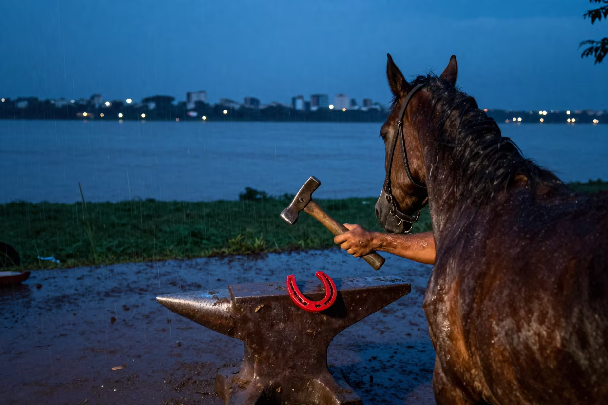 Farrier Shoeing Horse at Manaus Riverside in near a riverside landing in Manaus