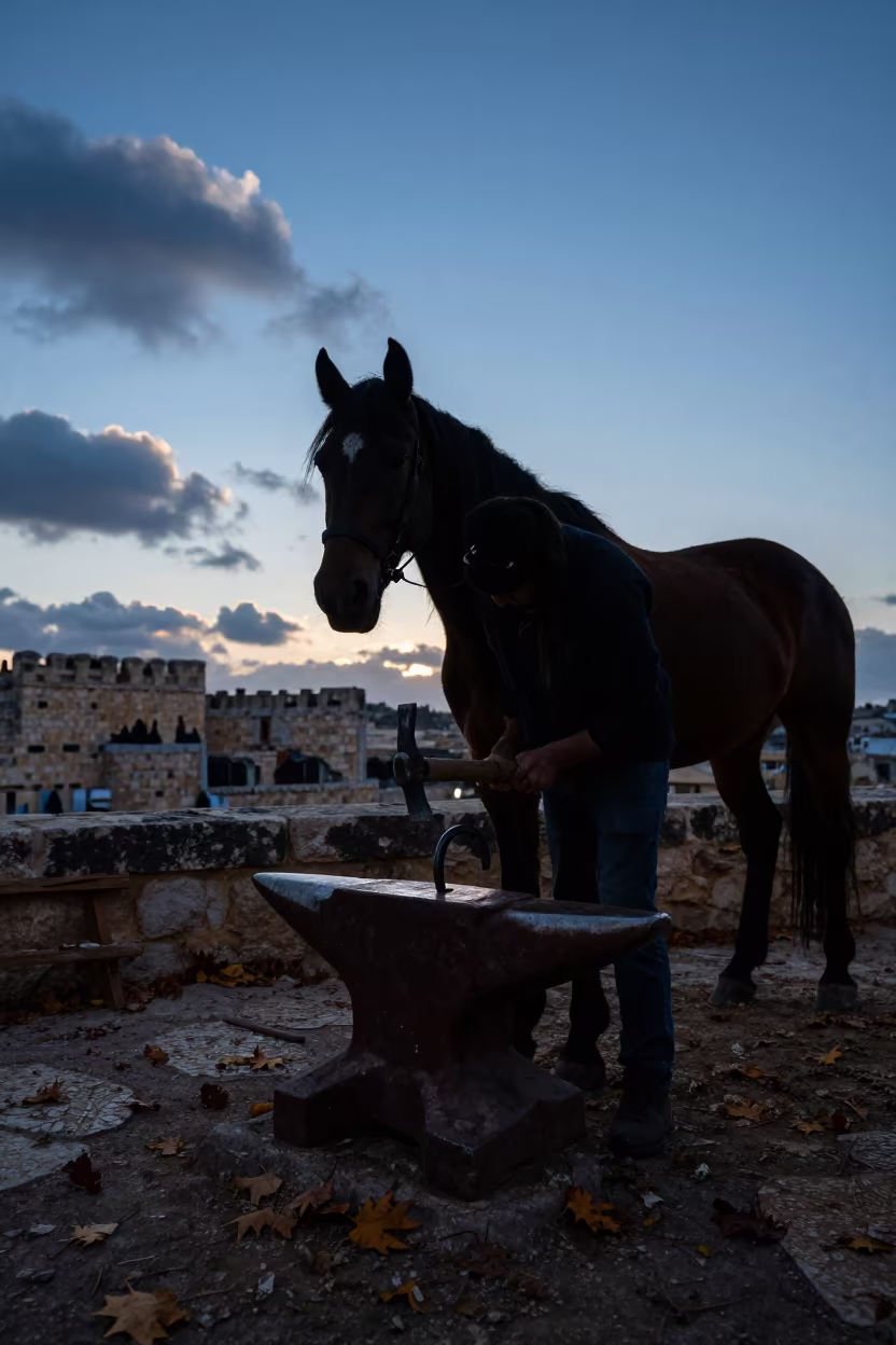 Farrier Shoeing Horse Near Jerusalem Autumn in near Jerusalem