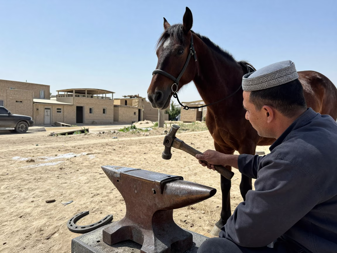 Farrier Shoeing Horse in Qamishli Old Quarter in in the old quarter in Qamishli