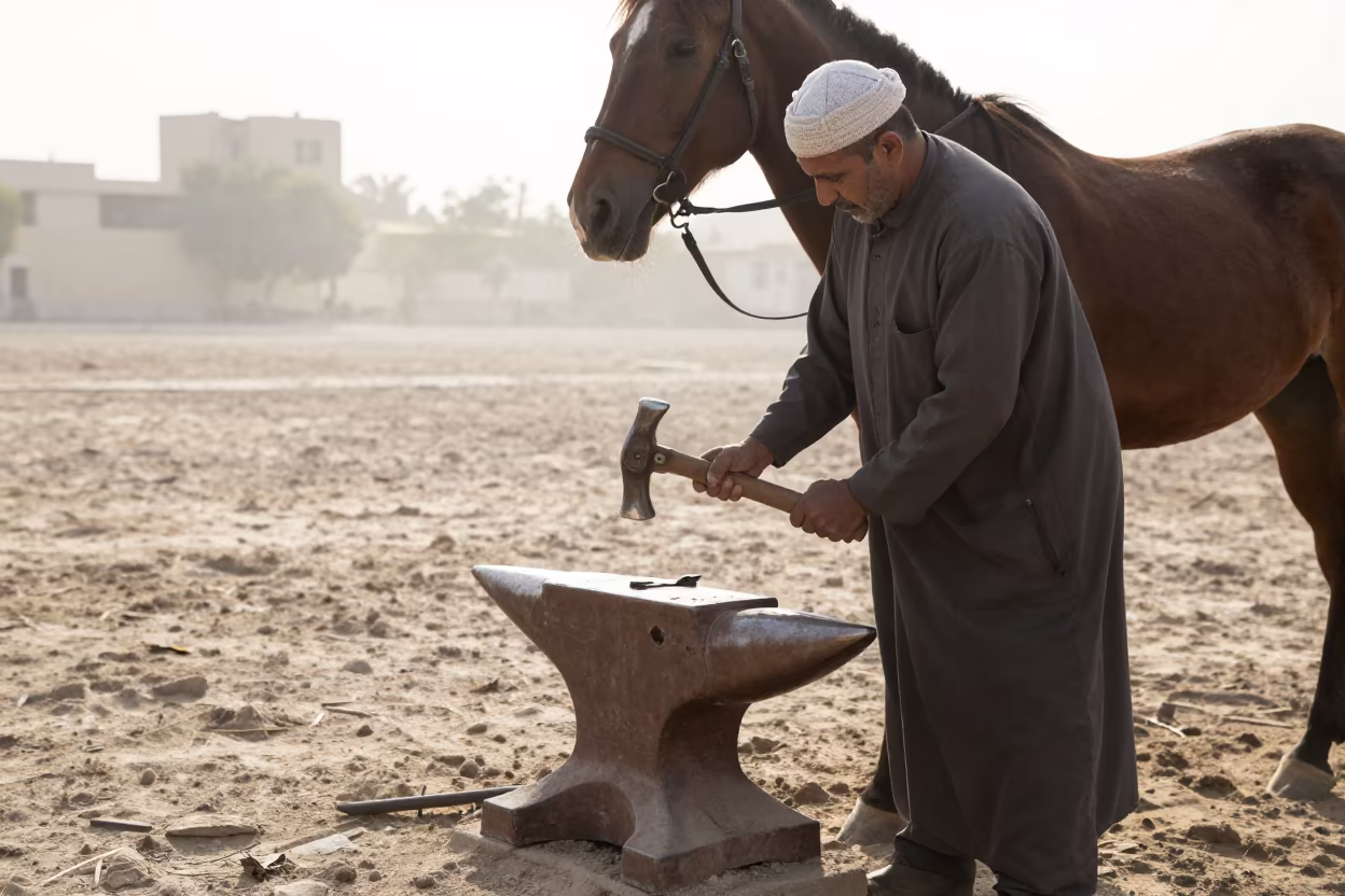 Farrier Shoes Horse Under Autumn Fog Near Kuwait in near Kuwait City