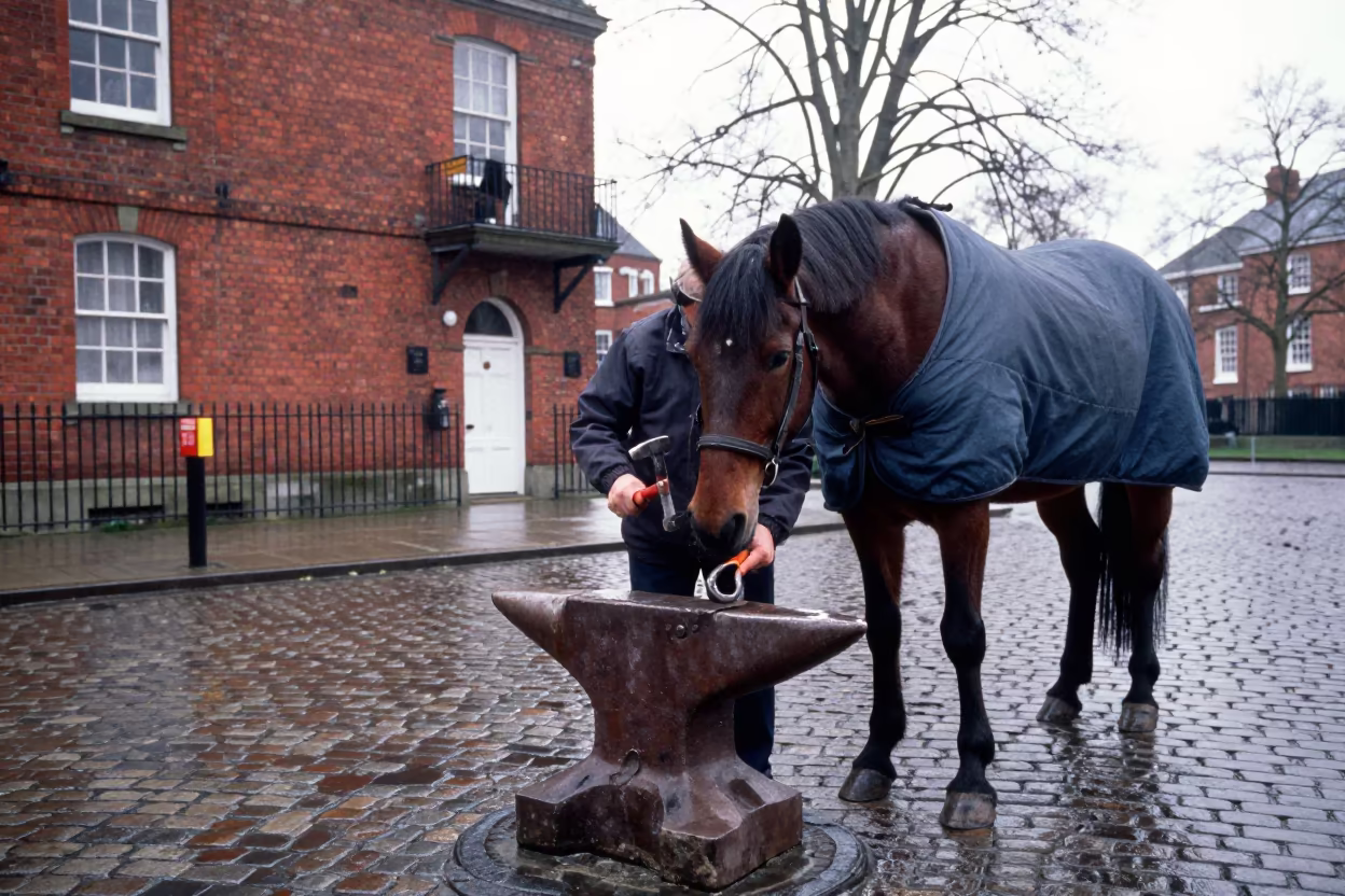 Farrier Shoes Horse in Windsor Square Winter in at a public square in Windsor