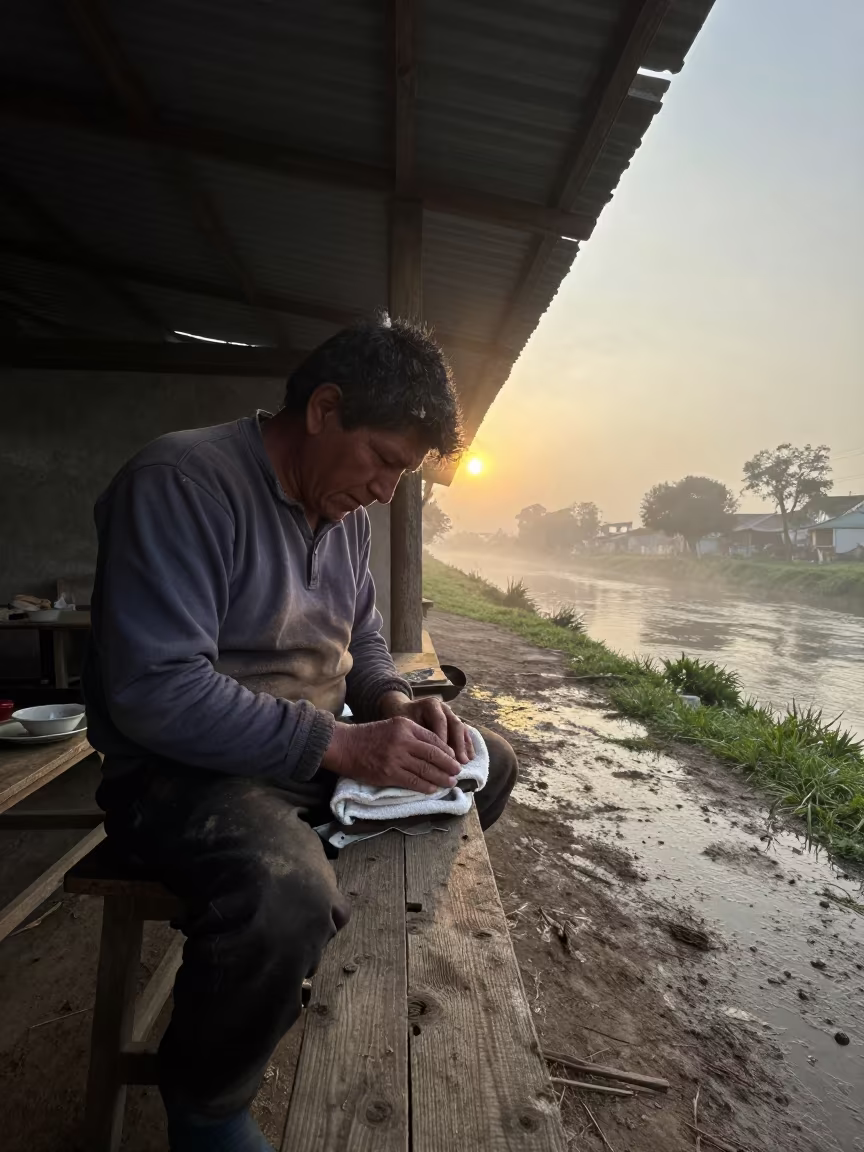 Farrier Wiping Hands at Dawn in Piura Shed in along a market lane in Piura