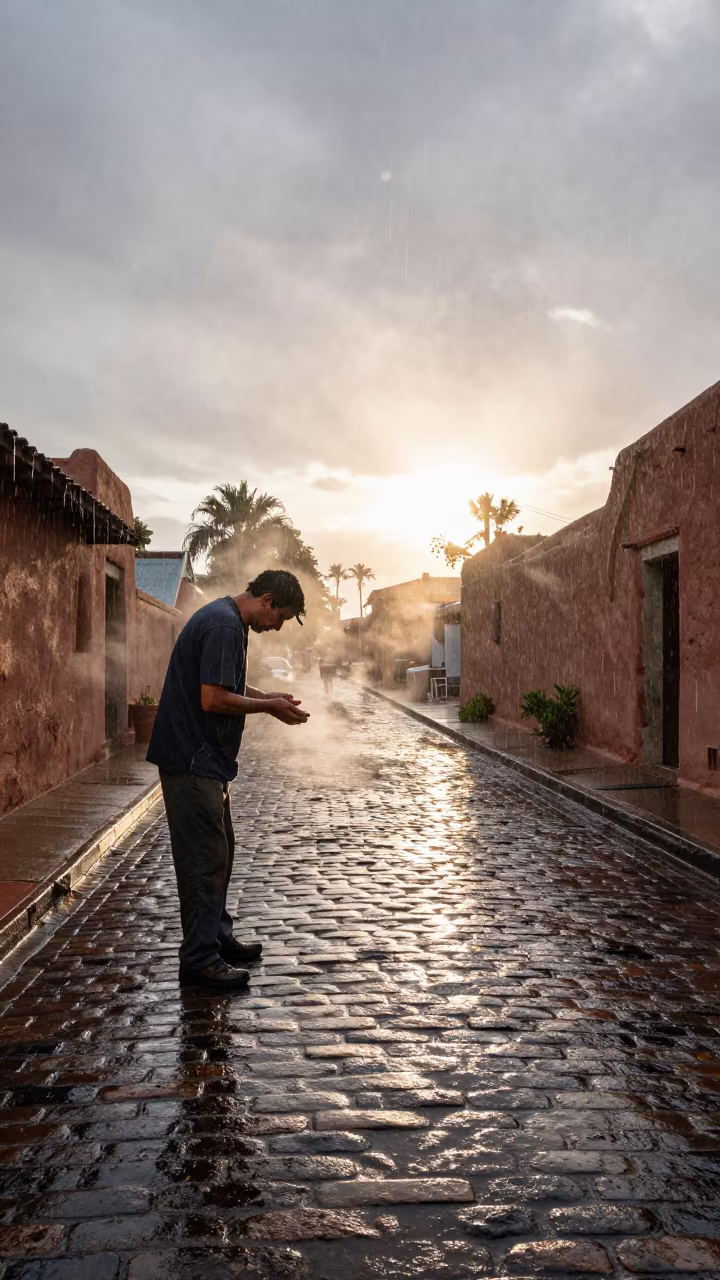 Farrier Wiping Hands in Dawn Rain in in San Diego