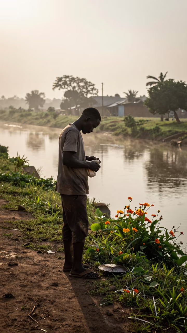Farrier Wiping Hands at Dawn Riverside Shed in beside a canal in Bobo-Dioulasso