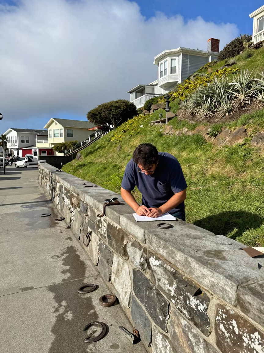 Farrier Wiping Hands at San Francisco Harbor Wall in on a hillside near Japantown, San Francisco