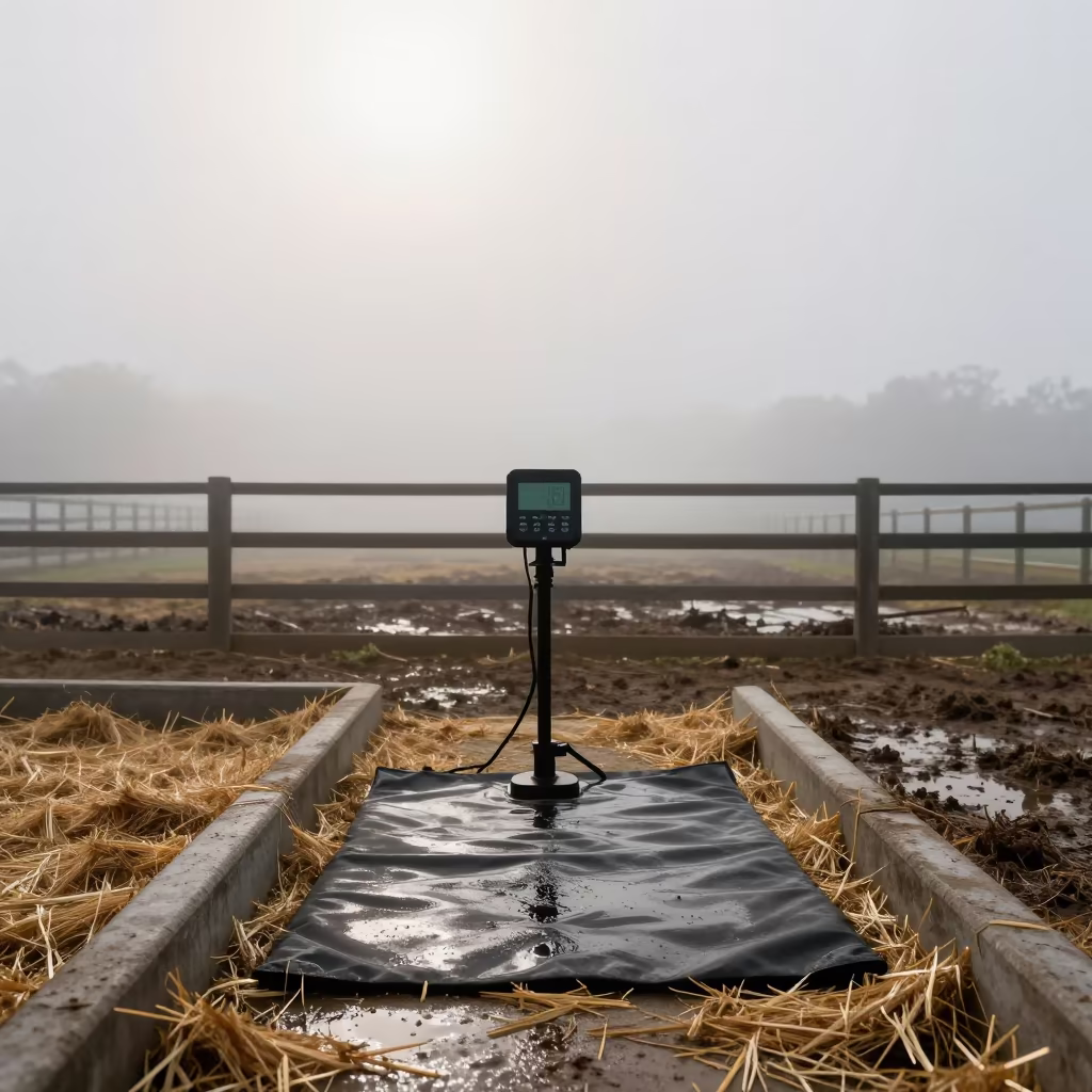 Farrowing Heat Pad Controller Silhouetted in Bahamian Mist in along a muddy paddock fence in Bahamas