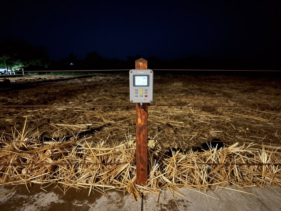 Farrowing Heat Pad Controller Bahamas Night in along a muddy paddock fence in Bahamas