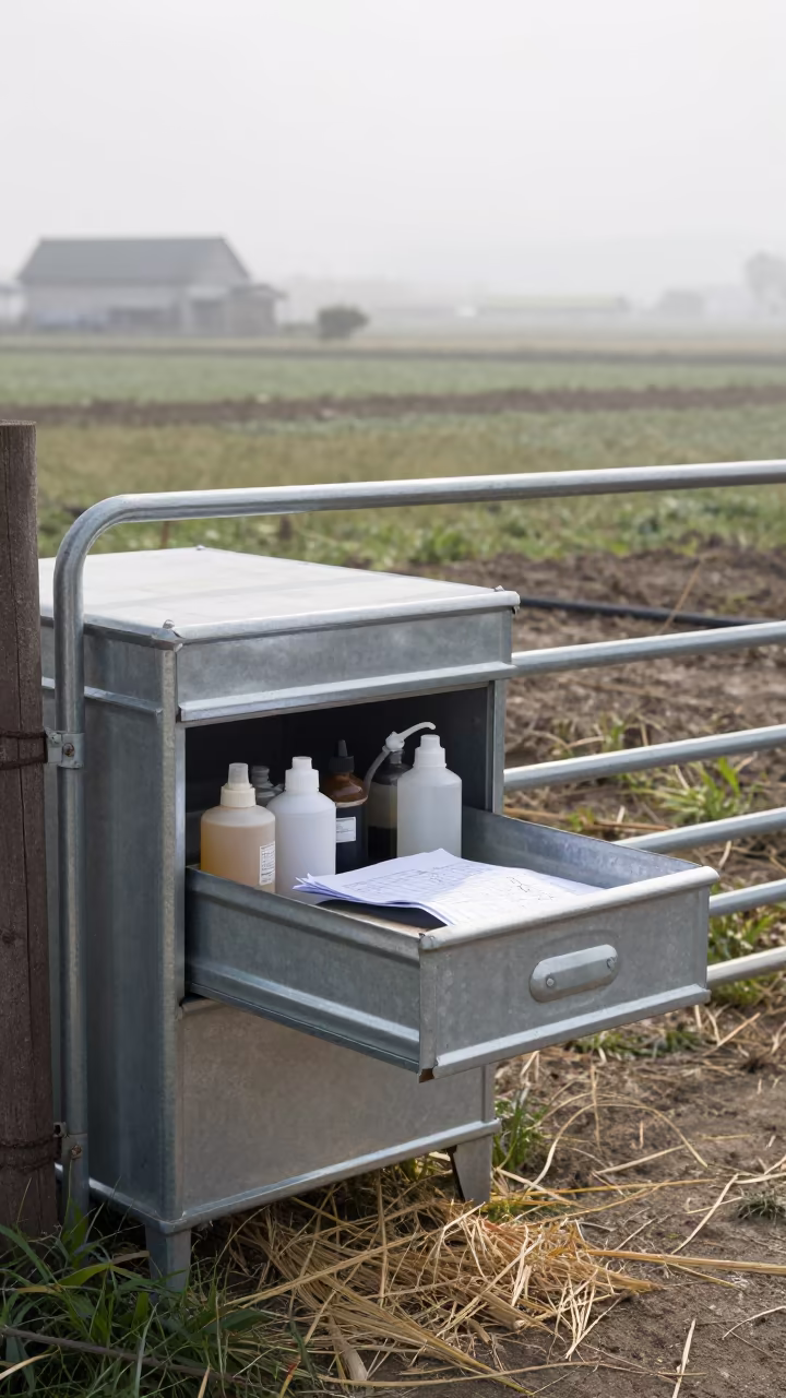 Farrowing Lamp Drawer in Kansai Barn in beside a pasture gate in Kansai