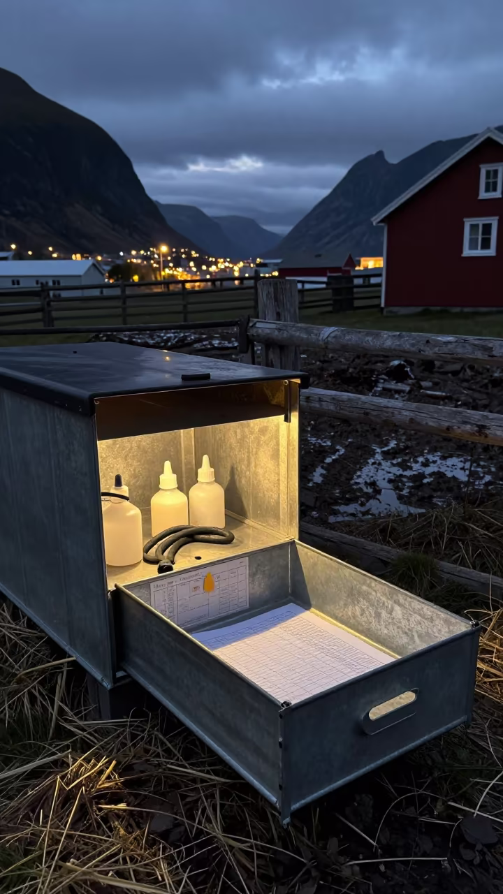 Farrowing Lamp Drawer in Norwegian Fjords Summer in along a muddy paddock fence in the Fjords of Norway