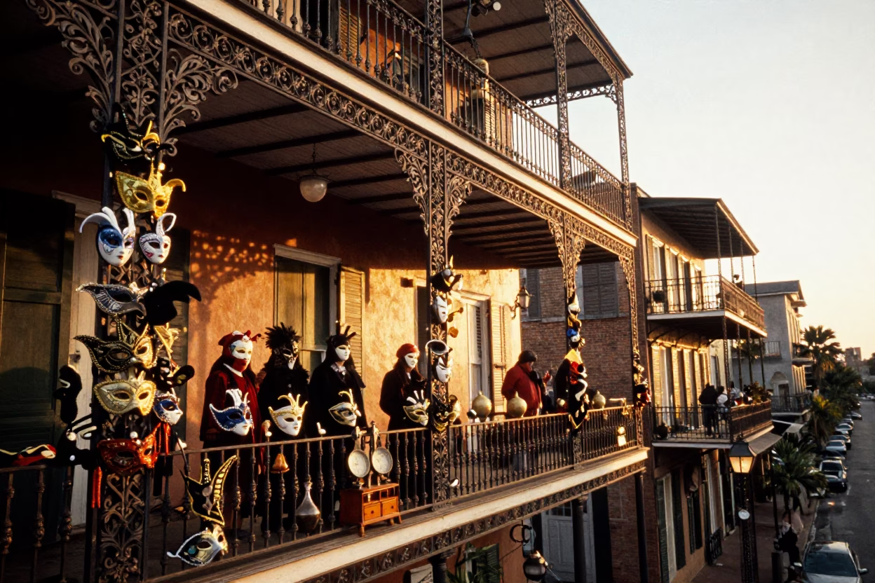 Fasching Carnival Masks on Balcony in New Orleans Evening Light with Local Decor in in New Orleans, Louisiana, United States