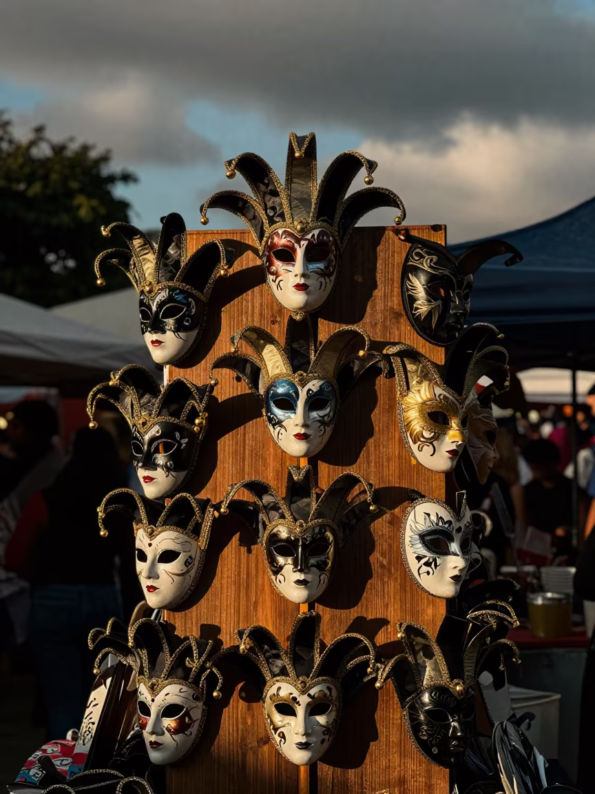 Fasching Masks at São Paulo Night Market Dawn in at a night market in São Paulo