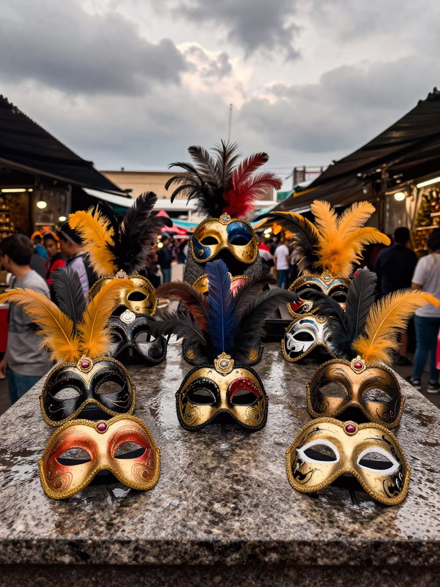 Fasching Masks at São Paulo Night Market in at a night market in São Paulo